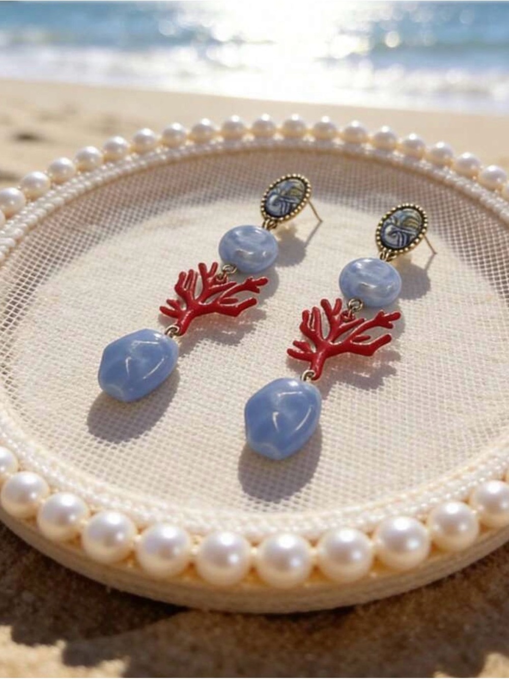 & Blue Bead Statement Drop Earrings – Gold Tone